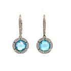 14K White Gold Blue Topaz Halo Drop Earrings with 0.54ctw Diamonds