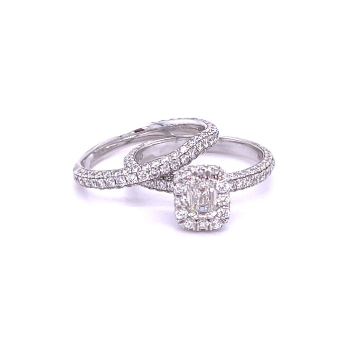 14K White gold 2/1ctw Diamond Pave Wedding Set with 1/2ct Emerald Center 14K White gold 2/1ctw Diamond Pave Wedding Set with 1/2ct Emerald Center