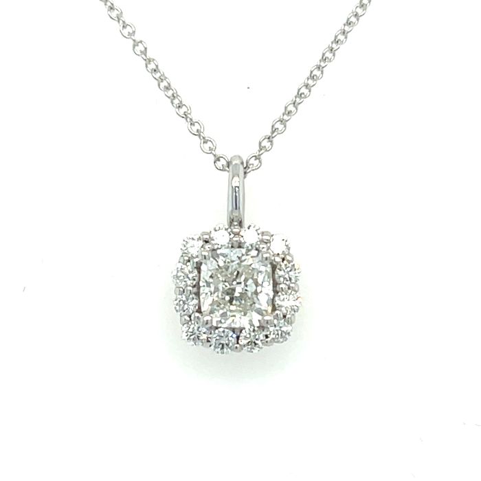 14K White Gold .94ctw Cushion Diamond Halo Pendant 14K White Gold .94ctw Cushion Diamond Halo Pendant