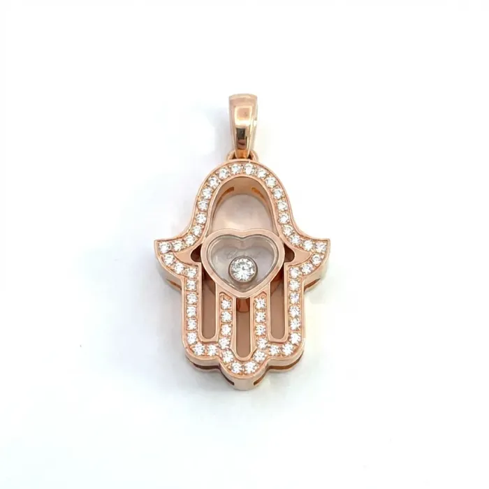 Chopard 18K Rose Gold .22ct Happy Diamonds Pave Hamsa Hand Diamond Pendant Necklace Chopard 18K Rose Gold .22ct Happy Diamonds Pave Hamsa Hand Diamond Pendant Necklace