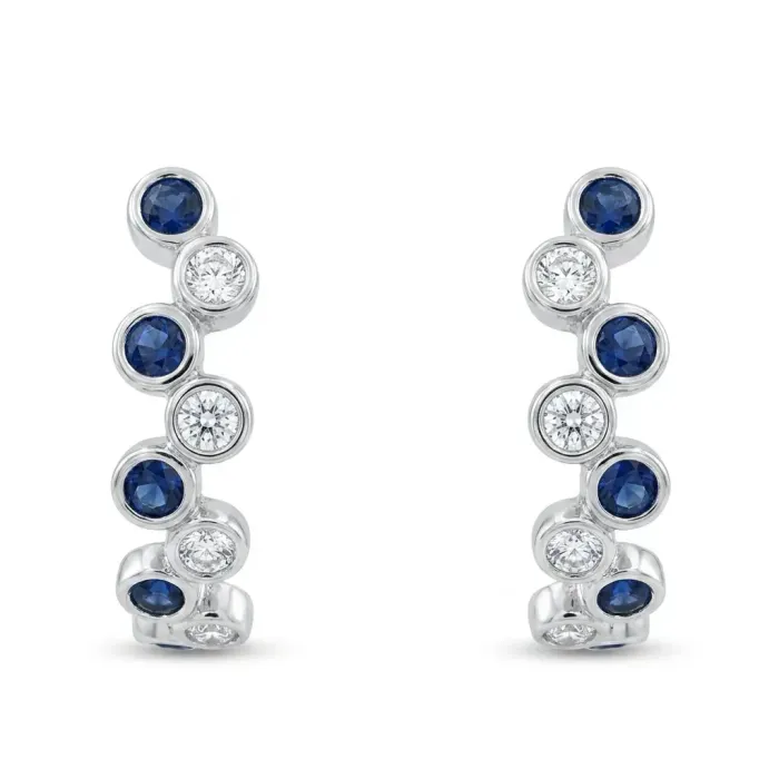 14K White Gold 1.34ctw Sapphire 0.90ctw Diamond Staggard Bezel J Hoop Earrings 14K White Gold 1.34ctw Sapphire 0.90ctw Diamond Staggard Bezel J Hoop Earrings