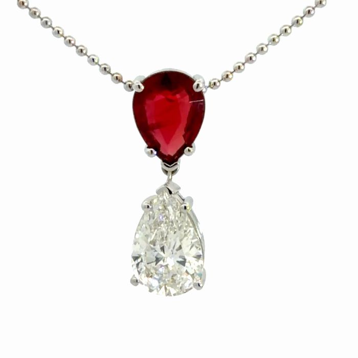 18K White Gold 1.40ct Diamond Pear and Ruby Pear 1.49ct Pendant .8mm Bead Chain 18K White Gold 1.40ct Diamond Pear and Ruby Pear 1.49ct Pendant .8mm Bead Chain