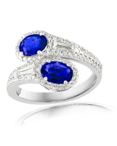 14K White Gold Diamond Bypass Ring with 0.88ctw Diamonds and 1.76ctw Sapphires