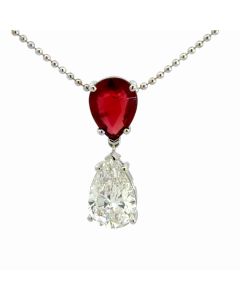 18K White Gold 1.40ct Diamond Pear and Ruby Pear 1.49ct Pendant .8mm Bead Chain