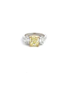 Platinum and 18K Yellow 3.75ctw Diamond 3-Stone Ring GIA 2235082929 Cushion 3.00 Fancy Light Yellow VS2 EXGD None