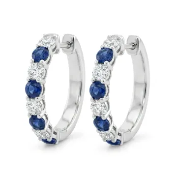 14K White Gold 0.40ctw Diamond and 0.75ctw Sapphire Hoop Earrings