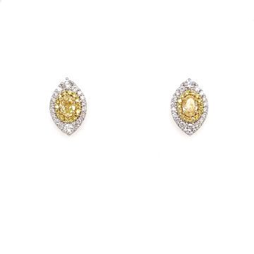 18K White Gold Diamond Earrings with 1.01ctw Diamonds: 0.46ct Center, 0.14ct Canary, 0.41ct White Diamonds