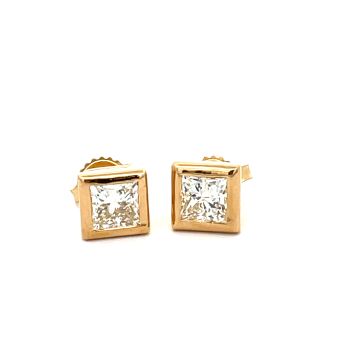 18K Yellow Gold 2.25ctw Diamond Bezel Studs with GIA 7321735938 Princess 1.21 KVS1 EXEX Faint and GIA 2235114858 Princess 1.04 K SI1 EXVG Faint