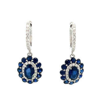 18K White Gold 2.88ctw Blue Sapphire and 0.35ctw Diamond Earrings