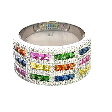 14K White Gold 1.48ctw Multi Sapphire and 0.30ctw Diamond Ring