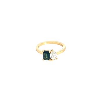 18K Yellow Gold .44ct Diamond Pear shape and Emerald cut Blue/Green Sapphire Ring