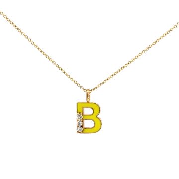 14K Yellow Gold Capital Letter Yellow Enamel Initial "B" Pendant with .09ctw Diamonds