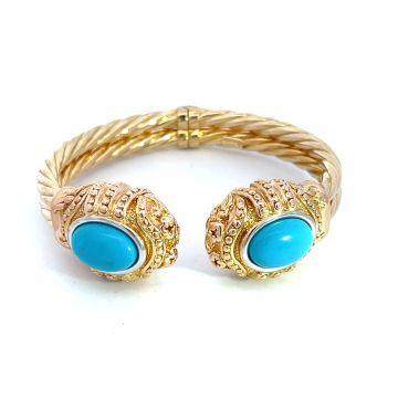 14K Yellow Gold Turquoise Stone Bangle Bracelet