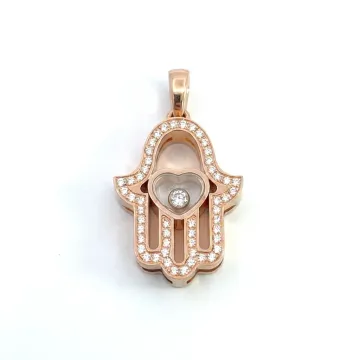 Chopard 18K Rose Gold .22ct Happy Diamonds Pave Hamsa Hand Diamond Pendant Necklace