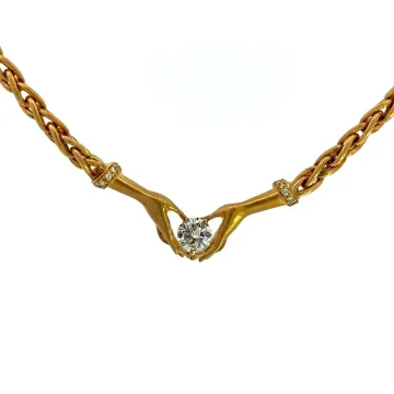 18K Yellow Gold 1 1/3ctw Diamond Hand Necklace with Round 1 1/5ctw JI1 Center