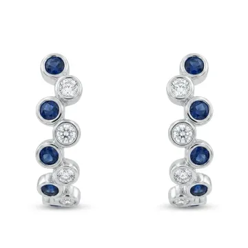 14K White Gold 1.34ctw Sapphire 0.90ctw Diamond Staggard Bezel J Hoop Earrings