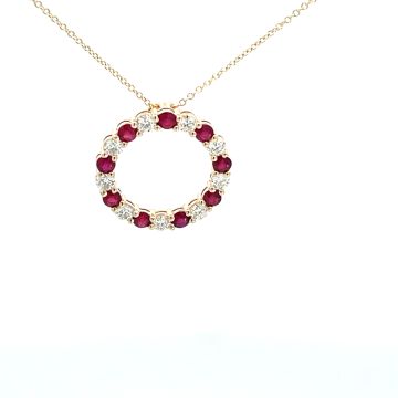 14K Yellow Gold Circle Pendant with 0.65ctw Diamonds and 0.70ctw Rubies