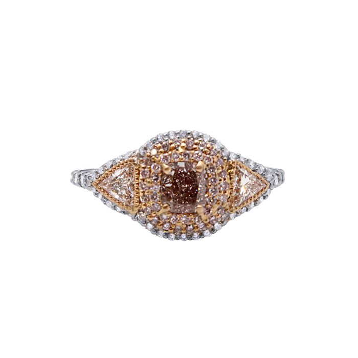 18K ROSE GOLD 0.72 CT CENTER ENGAGEMENT RING WITH 0.42 CT TRILLION SIDE STONES AND 0.59 CT PINK AND WHITE DIAMOND ACCENTS