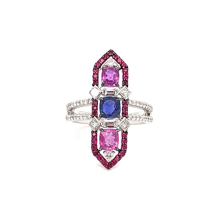 18K White Gold Diamond, Ruby, and Sapphire Ring with 1.09ctw Diamonds, 0.35ctw Rubies, and 1.70cts Pink and Blue Sapphires