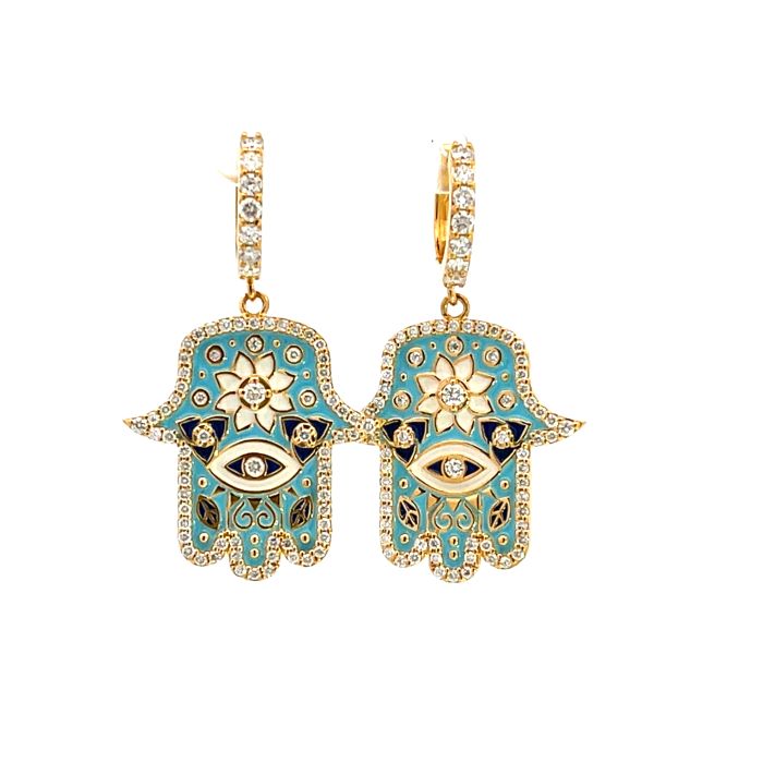 20K Yellow Gold 1.10ctw Diamond and Sky Blue Enamel Buddha Mama Hamsa Huggie Earrings 20K Yellow Gold 1.10ctw Diamond and Sky Blue Enamel Buddha Mama Hamsa Huggie Earrings