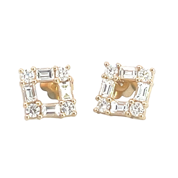 14K Yellow Gold 1/1ctw Diamond Baguette and Round Earrings