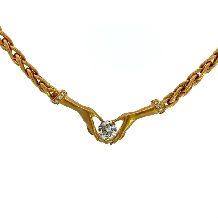 18K Yellow Gold 1 1/3ctw Diamond Hand Necklace with Round 1 1/5ctw JI1 Center 18K Yellow Gold 1 1/3ctw Diamond Hand Necklace with Round 1 1/5ctw JI1 Center