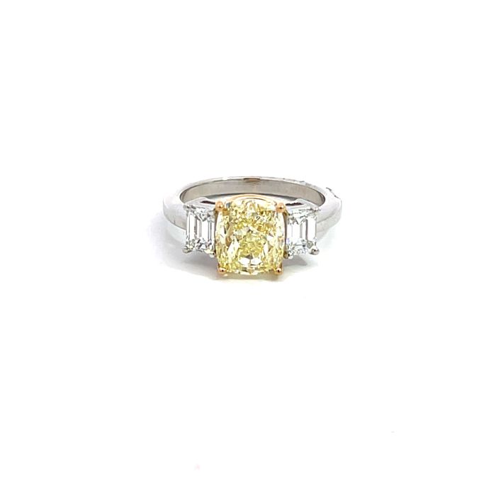 Platinum and 18K Yellow 3.75ctw Diamond 3-Stone Ring GIA 2235082929 Cushion 3.00 Fancy Light Yellow VS2 EXGD None Platinum and 18K Yellow 3.75ctw Diamond 3-Stone Ring GIA 2235082929 Cushion 3.00 Fancy Light Yellow VS2 EXGD None