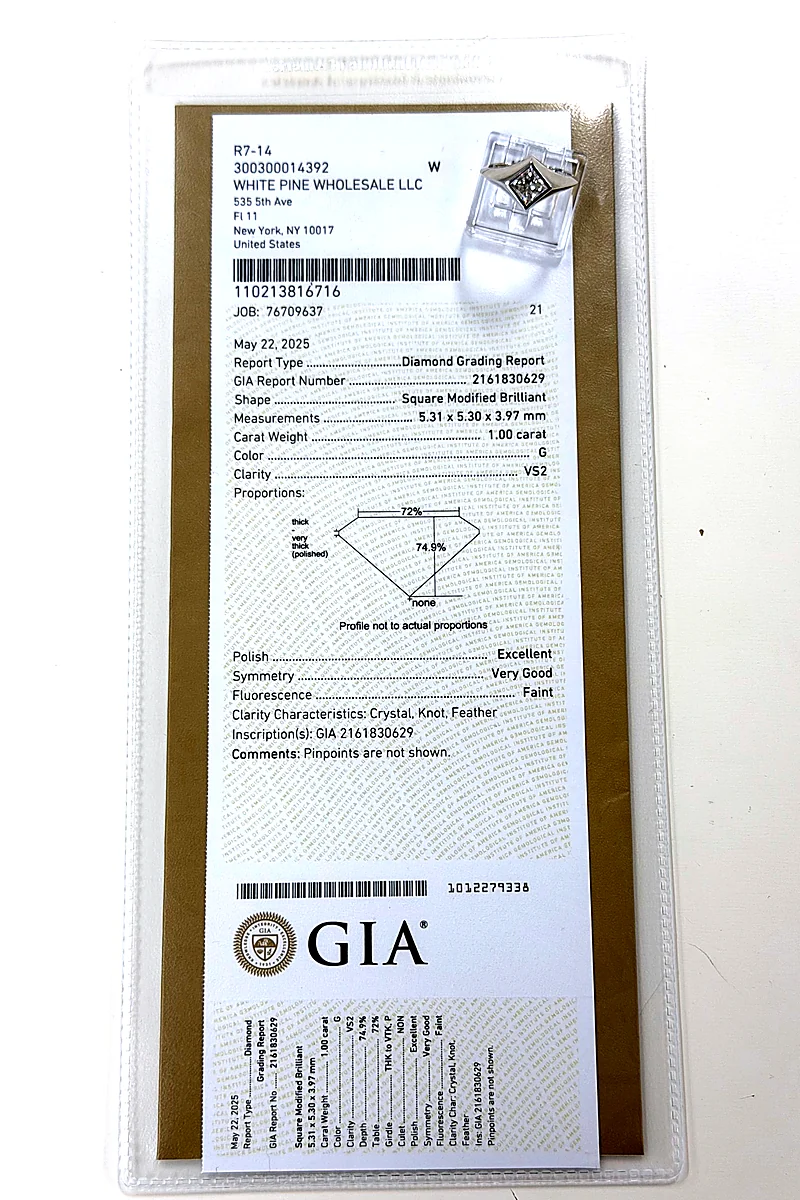 GIA diamond grading report for a 1.00 carat square modified brilliant (princess cut), G color, VS2 clarity, with bezel ring