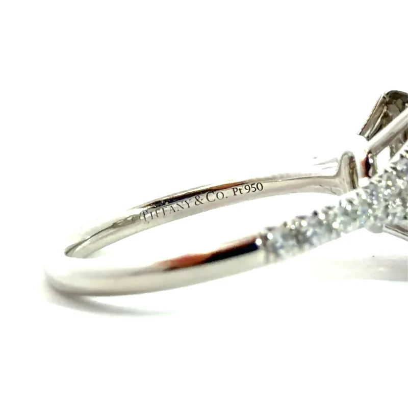 Inside the shank of a Tiffany platinum engagement ring stamped Tiffany & Co. Pt950